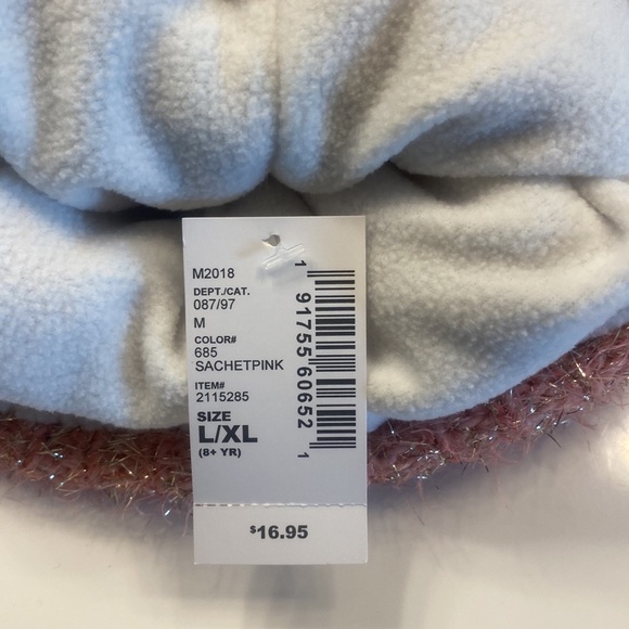 NWT Children’s Place pink multicolored striped tinsel toboggan with furry pompom - Picture 6 of 7